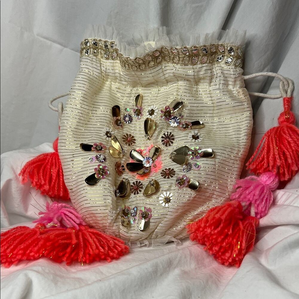 Free People Embellished Cream and Pink Drawstring Small Gift Bag - Picture 3 of 6